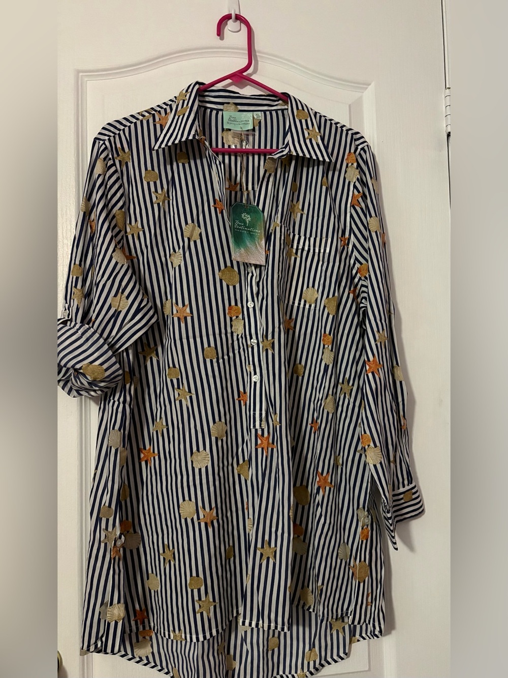 Nautical Stripe Gold Star & Shell Embroidered Swim Coverup